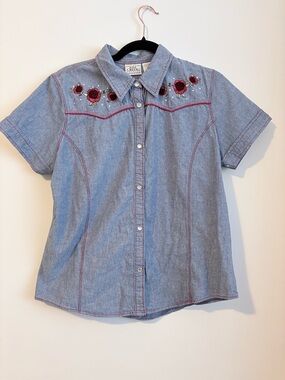 Ash Creek Chambray Western Shirt XL Floral Embroidered Snap Front Cotton